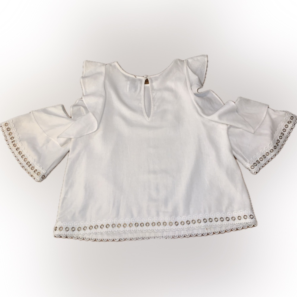 MISA Los Angeles Linen Blend Cold Shoulder Metal Rivet Eyelet Ruffle Blouse XS - Picture 15 of 15